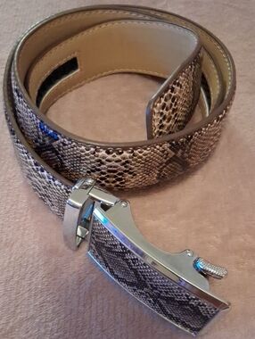 Snake-Print Leather Dress Belt in Brown